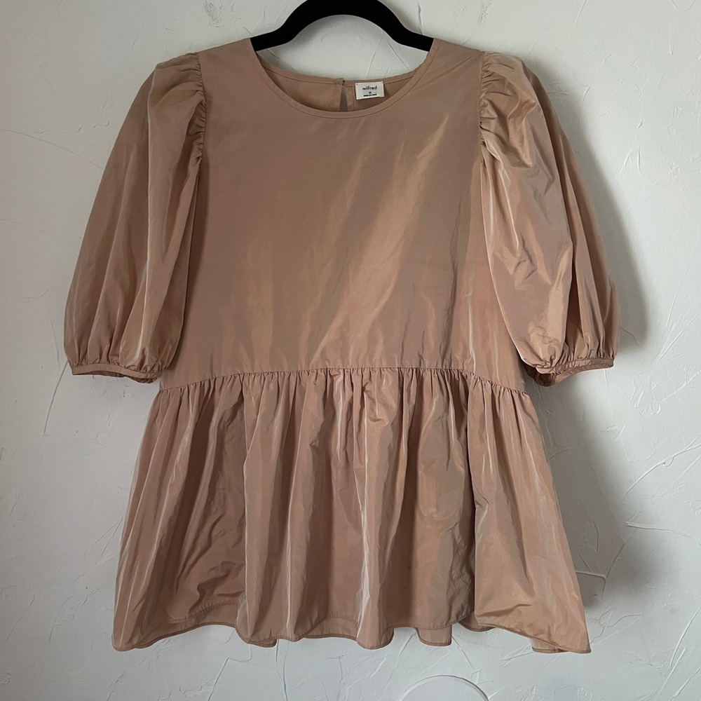 Wilfred Puff Sleeve Babydoll Top Peach Peplum Blouse Scandi Quiet Luxury Size M
